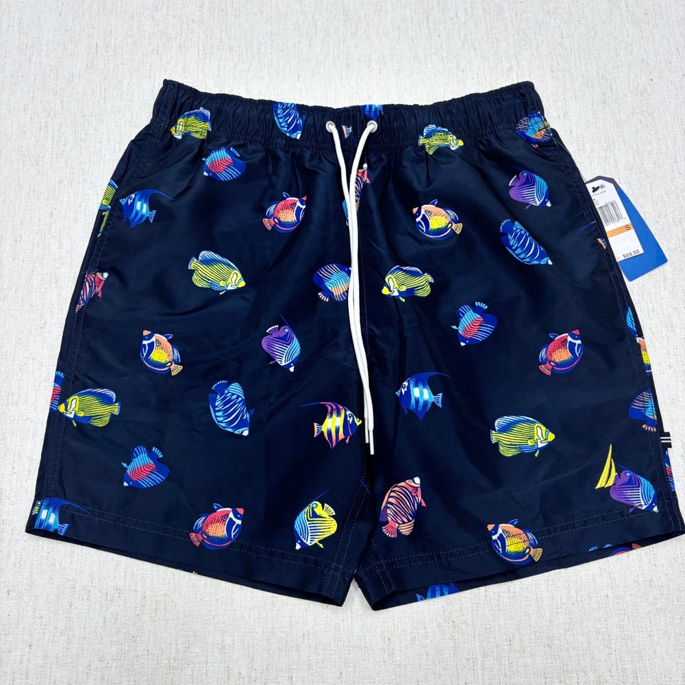 Nautica Mens Tropical Fish Print Swim Trunks Navy Performance Quick Dry Small